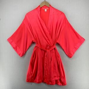 VICTORIAS SECRET Robe M/L Satin Kimono 3/4 Sleeve Tie Belted Loungewear Pink